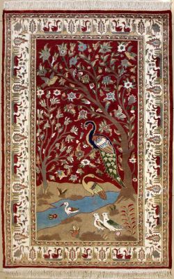 4'1x5'11 Pak Persian Area Rug with Silk & Wool Pile - Pictorial Hunting Shikargah Design | Hand-Knotted in Red