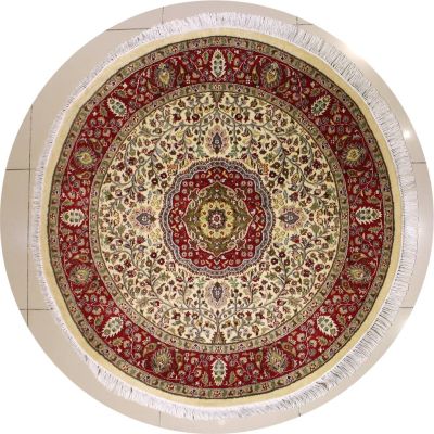 5'1x5'2 Pak Persian High Quality Area Rug with Silk & Wool Pile - Floral Design | Hand-Knotted in White