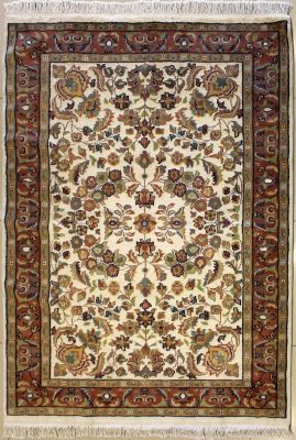 4'8x6'6 Pak Persian Area Rug with Silk & Wool Pile - Floral Design | Hand-Knotted in Ivory