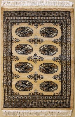 2'1x2'11 Bokhara Jaldar Area Rug with Wool Pile - Special Mori Bokhara Elephant Foot Design | Hand-Knotted in Beige