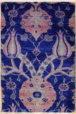 3'2x5'0 Chobi Ziegler Area Rug made using Vegetable dyes with Wool Pile - Floral Design | Hand-Knotted in Blue