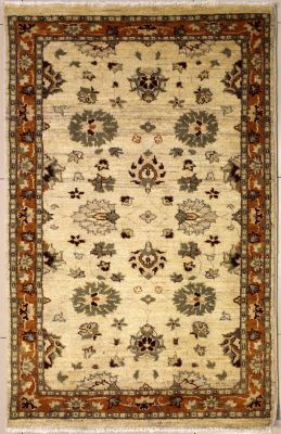 3'1x5'3 Chobi Ziegler Area Rug made using Vegetable dyes with Wool Pile - Floral Design | Hand-Knotted in White