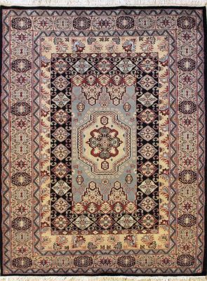 4'7x6'6 Caucasian Design Area Rug with Wool Pile - Geometric Design | Hand-Knotted in Black
