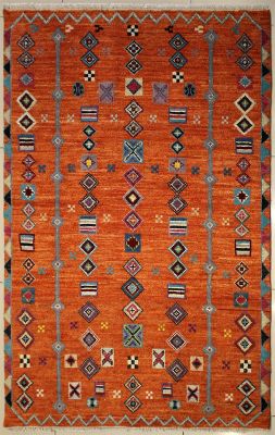 4'1x6'2 Chobi Ziegler Area Rug made using Vegetable dyes with Wool Pile - Geometric Design | Hand-Knotted in Orange