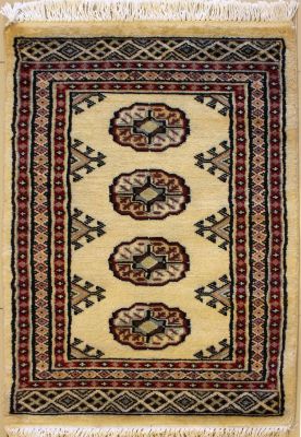 2'0x3'1 Bokhara Jaldar Area Rug with Wool Pile - Special Mori Bokhara Elephant Foot Design | Hand-Knotted in White