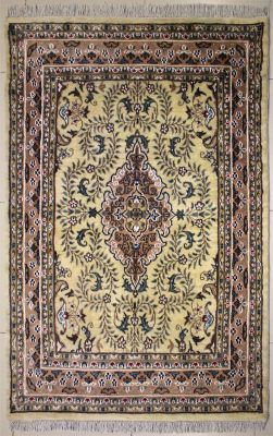 4'3x6'1 Pak Persian Area Rug with Silk & Wool Pile - Floral Medallion Design | Hand-Knotted in White