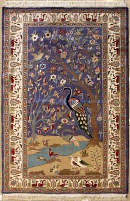 4'1x6'3 Pak Persian Area Rug with Silk & Wool Pile - Pictorial Hunting Shikargah Design | Hand-Knotted in Purple