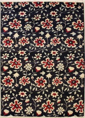 4'1x5'10 Chobi Ziegler Area Rug made using Vegetable dyes with Wool Pile - Floral Design | Hand-Knotted in Black
