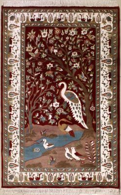 4'2x6'2 Pak Persian Area Rug with Silk & Wool Pile - Pictorial Hunting Shikargah Design | Hand-Knotted in Red