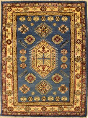 4'0x6'1 Chobi Ziegler Area Rug made using Vegetable dyes with Wool Pile - Medallion Design | Hand-Knotted in Greenish Blue