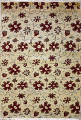 4'1x6'3 Chobi Ziegler Area Rug made using Vegetable dyes with Wool Pile - Floral Design | Hand-Knotted in White