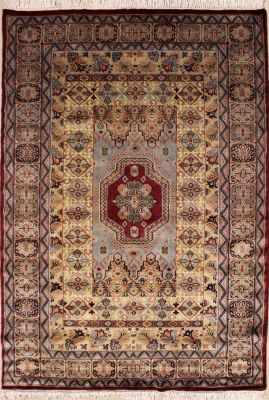 4'6x6'6 Caucasian Design Area Rug with Wool Pile - Geometric Design | Hand-Knotted in Red
