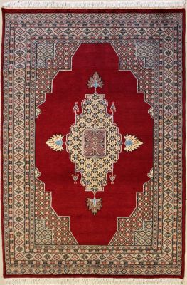 4'6x6'9 Pak Persian Area Rug with Silk & Wool Pile - Medallion Design | Hand-Knotted in Red