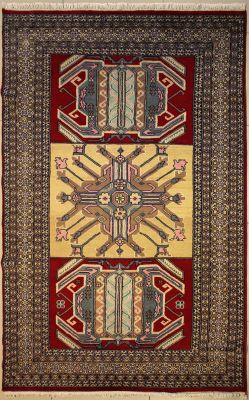 4'10x7'8 Caucasian Design Area Rug with Wool Pile - Geometric Design | Hand-Knotted in Red