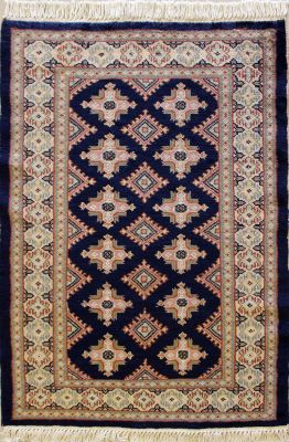 2'6x3'10 Bokhara Jaldar Area Rug with Silk & Wool Pile - Geometric Diamond Design | Hand-Knotted in Blue