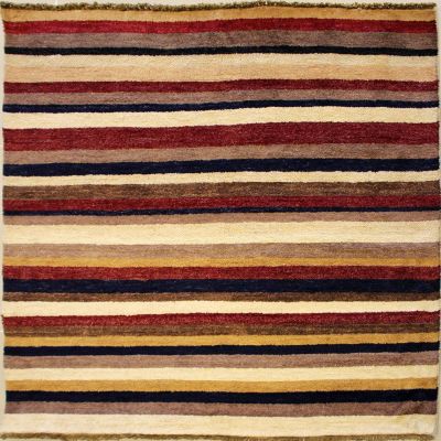 4'4x4'6 Gabbeh Area Rug made using Vegetable dyes with Wool Pile - Striped Design | Hand-Knotted Multicolored | 4x4 Square Double Knot Rug