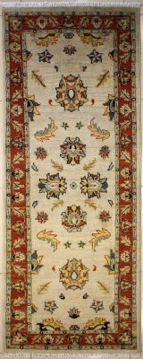 2'8x8'1 Chobi Ziegler Area Rug made using Vegetable dyes with Wool Pile - Floral Design | Hand-Knotted in White