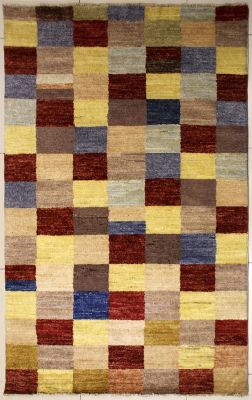 4'6x6'9 Gabbeh Area Rug with Wool Pile - Checkered Design | Hand-Knotted Multicolored | 4.5x7