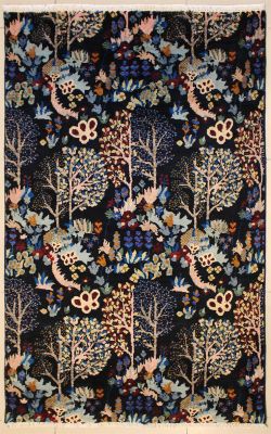 4'1x6'7 Pak Persian High Quality Area Rug with Wool Pile - Floral Design | Hand-Knotted in Black