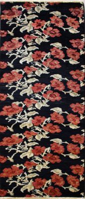 2'7x7'10 Chobi Ziegler Area Rug made using Vegetable dyes with Wool Pile - Floral Design | Hand-Knotted in Black
