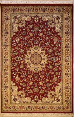 4'1x6'2 Pak Persian High Quality Area Rug with Silk & Wool Pile - Floral Design | Hand-Knotted in Red