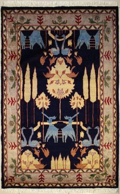 4'7x6'5 Pak Persian Area Rug with Wool Pile - Pictorial Hunting Shikargah Design | Hand-Knotted in Blue