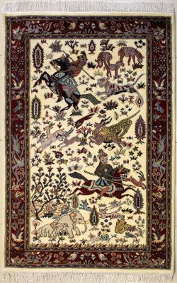 4'0x6'1 Pak Persian High Quality Area Rug with Silk & Wool Pile - Pictorial Hunting Shikargah Design | Hand-Knotted in White