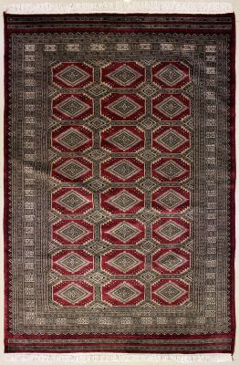 4'11x7'10 Bokhara Jaldar Area Rug with Silk & Wool Pile - Geometric Diamond Design | Hand-Knotted in Red