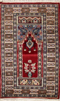 2'0x4'2 Bokhara Jaldar Area Rug with Wool Pile - Prayer Pictorial Design | Hand-Knotted in Red