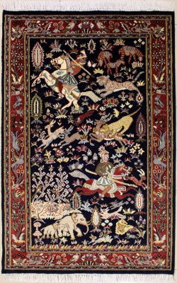 4'0x6'3 Pak Persian High Quality Area Rug with Wool Pile - Pictorial Hunting Shikargah Design | Hand-Knotted in Blue