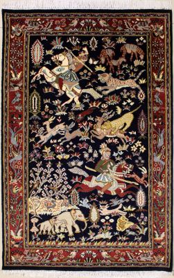 4'0x6'2 Pak Persian High Quality Area Rug with Wool Pile - Pictorial Hunting Shikargah Design | Hand-Knotted in Blue