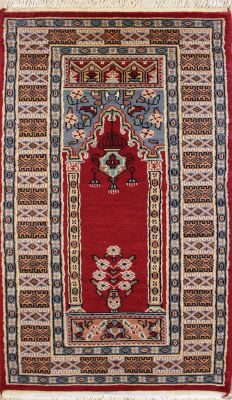 2'0x4'2 Bokhara Jaldar Area Rug with Wool Pile - Prayer Pictorial Design | Hand-Knotted in Red
