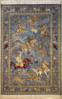 4'0x6'3 Pak Persian High Quality Area Rug with Wool Pile - Pictorial Hunting Shikargah Design | Hand-Knotted in Greenish Blue