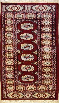 2'0x4'1 Bokhara Jaldar Area Rug with Wool Pile - Special Mori Bokhara Elephant Foot Design | Hand-Knotted in Red