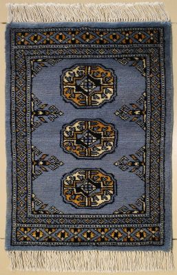 1'5x2'1 Bokhara Jaldar Area Rug with Wool Pile - Special Mori Bokhara Elephant Foot Design | Hand-Knotted in Grey