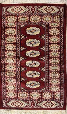 2'0x4'1 Bokhara Jaldar Area Rug with Wool Pile - Special Mori Bokhara Elephant Foot Design | Hand-Knotted in Red