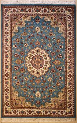 4'0x6'3 Pak Persian High Quality Area Rug with Wool Pile - Floral Design | Hand-Knotted in Greenish Blue