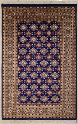 5'1x8'0 Bokhara Jaldar Area Rug with Silk & Wool Pile - Geometric Design | Hand-Knotted in Blue