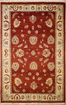 4'1x6'1 Chobi Ziegler Area Rug made using Vegetable dyes with Wool Pile - Floral Design | Hand-Knotted in Red