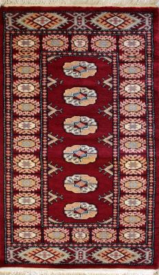 2'0x4'0 Bokhara Jaldar Area Rug with Wool Pile - Special Mori Bokhara Elephant Foot Design | Hand-Knotted in Red