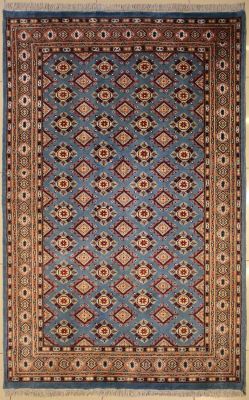 5'2x8'3 Bokhara Jaldar Area Rug with Silk & Wool Pile - Geometric Diamond Design | Hand-Knotted in Greenish Blue