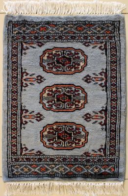 1'6x1'11 Bokhara Jaldar Area Rug with Wool Pile - Special Mori Bokhara Elephant Foot Design | Hand-Knotted in Grey