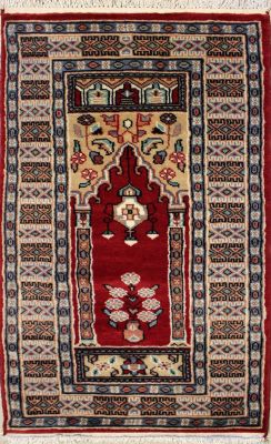 2'1x4'2 Bokhara Jaldar Area Rug with Wool Pile - Prayer Pictorial Design | Hand-Knotted in Red