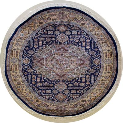 7'5x7'7 Caucasian Design Area Rug with Silk & Wool Pile - Geometric Diamond Design | Hand-Knotted in Blue