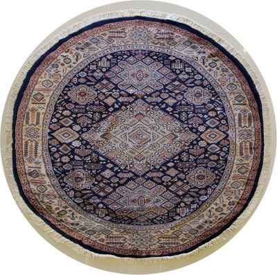 6'11x7'0 Caucasian Design Area Rug with Silk & Wool Pile - Geometric Design | Hand-Knotted in Blue