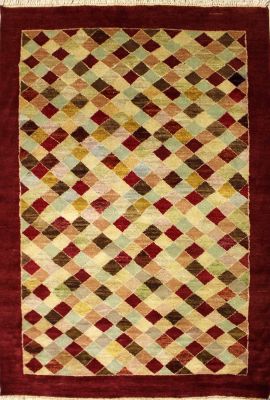 4'0x6'1 Gabbeh Area Rug made using Vegetable dyes with Wool Pile - Diamond Design | Hand-Knotted Multicolored | 4x6 Double Knot Rug