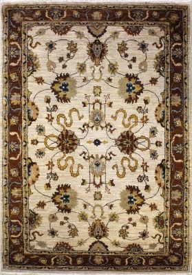 4'7x7'3 Chobi Ziegler Area Rug made using Vegetable dyes with Wool Pile - Floral Design | Hand-Knotted in White