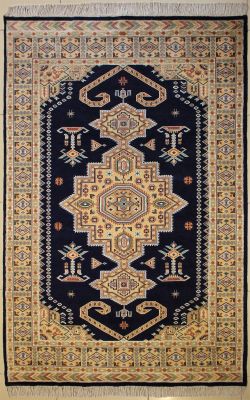 5'2x8'4 Caucasian Design Area Rug with Silk & Wool Pile - Geometric Medallion Design | Hand-Knotted in Blue