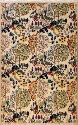 4'0x6'4 Pak Persian High Quality Area Rug with Silk & Wool Pile - Floral Design | Hand-Knotted in Ivory