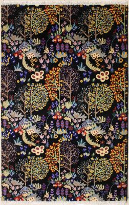 4'0x6'3 Pak Persian High Quality Area Rug with Wool Pile - Floral Design | Hand-Knotted in Black